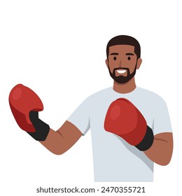 Un joven tomando una pose de lucha en un gimnasio de artes marciales. Ilustración vectorial plana aislada sobre fondo blanco