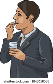 Young Man Taking Medicine With A Glass Of Water Illustration. Young Man Feeling Sick And Taking A Pill
