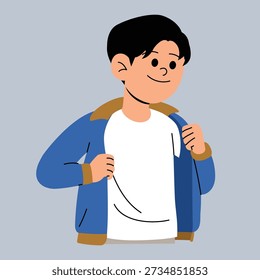 Jovem tirando sua jaqueta, Masculino colocando jaqueta, Personagem de sorriso com ilustração de roupas casuais