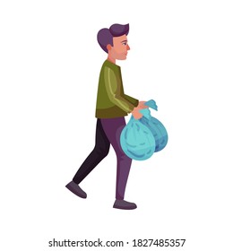 Young Man Taking out Trash as Household Activity Vector Illustration