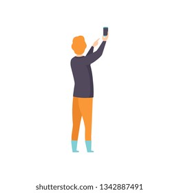 Young man taking photo using smartphone, back view vector Illustration on a white background