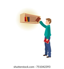 Young man taking, picking a book from bookshelf, shelf in library, store, at home, cartoon vector illustration isolated on white background. Young man taking, choosing, picking a book from bookshelf