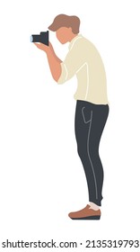 Young man taking picture with camera semi flat color vector character. Full body person on white. Hobbyist photographer simple cartoon style illustration for web graphic design and animation