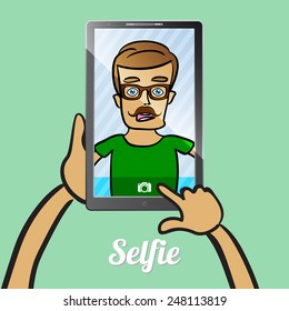 Young man taking a self snapshot, Vector illustration