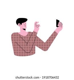 young man taking a selfie character vector illustration design