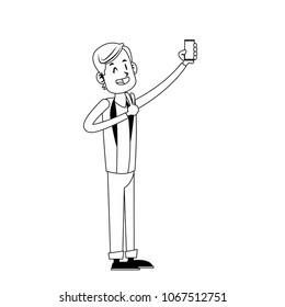 Young man taking a selfie on black and white