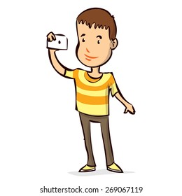 Young man taking selfie photo. Hand drawn cartoon vector illustration.