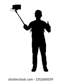 Young man taking selfie with smartphone silhouette vector