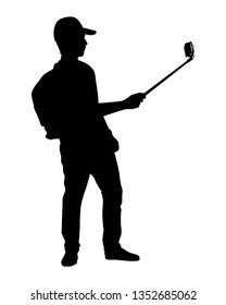 Young man taking selfie with smartphone silhouette vector