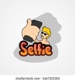 Young man taking selfie with smartphone simple flat style vector illustration