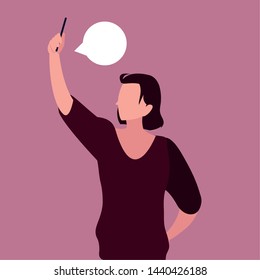 young man taking selfie using smartphone with speech bubble
