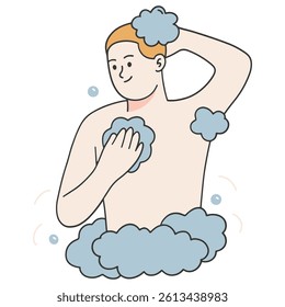 Young man taking a shower