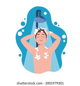Young man taking shower in bathroom. Washes head, hair and body with shampoo and soap. Flat cartoon vector illustration