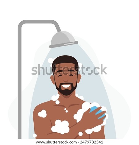 Young man taking shower in bathroom. Washes head. Flat vector illustration isolated on white background
