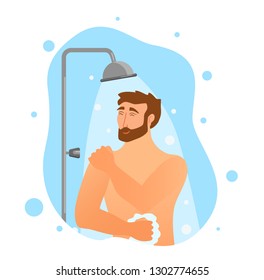 Young man taking shower cartoon vector illustration. Happy guy washing his head, hairs, body soap under water. Routine hygiene procedure in bathroom concept design for advertising, discounts, pro