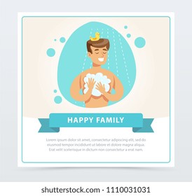 Young man taking shower, daily routine hygiene procedure, happy family banner flat vector ilustration, element for website or mobile app