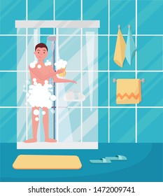 Young man taking shower. Happy guy washing his head, hairs, body with soap under water. Routine hygiene procedure in bathroom interior concept design for ad discount. Flat cartoon vector illustration.