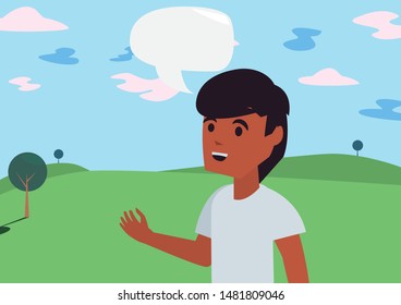 young man talk bubble in the park