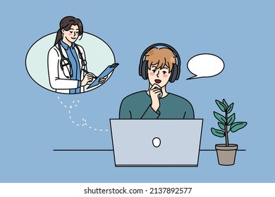 Young man talk on video call with doctor on computer on lockdown at home. Guy have webcam conversation or communication with therapist on laptop. Distant consultation. Vector illustration. 