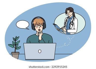 Young man talk on video call with doctor on computer on lockdown at home. Guy have webcam conversation or communication with therapist on laptop. Distant consultation. Vector illustration.