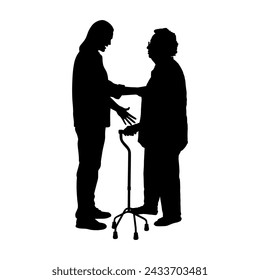 Young man talking and assisting senior woman with quad cane walking aid vector black silhouette.	