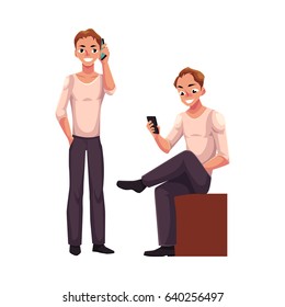 Young man talking by mobile phone standing, using smartphone, messaging sitting, cartoon vector illustration isolated on white background. Young man using mobile phone while standing and sitting