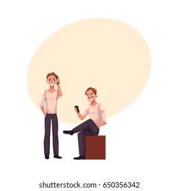 Young man talking by mobile phone standing, using smartphone, messaging sitting, cartoon vector illustration with space for text. Young man using mobile phone while standing and sitting