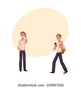 Young man talking by mobile phone standing, using smartphone on the go, cartoon vector illustration with space for text. Young man using mobile phone while standing and walking
