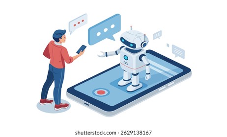 Jovem falando com o chatbot na tela grande do smartphone. Suporte virtual ao cliente por meio de mensagens chatbot. Ilustração isolada de vetor
