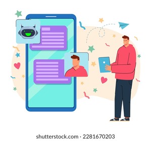 Young man talking with chatbot vector illustration. Chatbot AI helping people via messaging on smartphone screen. Customer service, artificial intelligence, virtual assistance concept