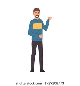 Young Man Talking and Gesturing, Blogger Streaming Online Cartoon Vector Illustration
