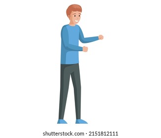 Young man talking and gesturing. Smiling guy waving hands during emotional conversation. Male character standing in strange pose, posing. Person with gestures and emotions vector illustration