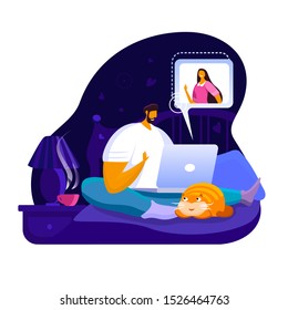 Young man talking to his darling beloved girfriend using laptop sitting on bed. Relationship in the distance and Internet Virtual chat correspondence online conversation icons Flat vector illustration