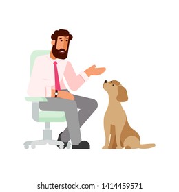 Young man talking to his dog on white background. Domestic animal Humans best friend. Flat Art Vector illustration