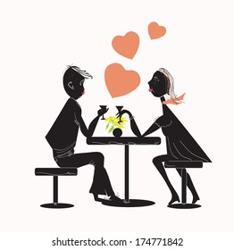 young man talking to his girlfriend at the restaurant, concept of coupe in love