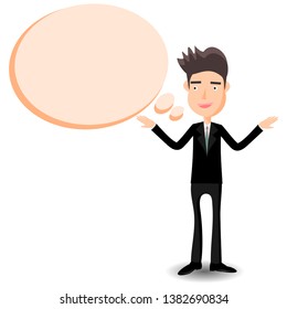 
The young man is talking near the empty speech frame, vector image