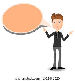 
The young man is talking near the empty speech frame, vector image