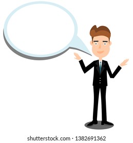 
The young man is talking near the empty speech frame, vector image