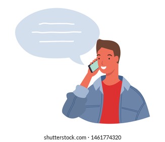 Young man talking on mobile phone. Vector illustration in a flat style