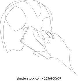 Un joven está hablando en un teléfono móvil dibujando una línea continua. Ilustración vectorial.
