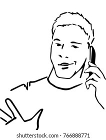 Young man talking on mobile phone. Black and white vector sketch. Simple drawing.