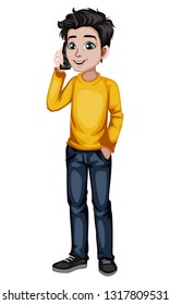 Young Man Talking on Phone Cartoon Illustration. Handsome Guy Wearing Yellow T-shirt and Jeans and Holding a Smartphone Isolated on White Background