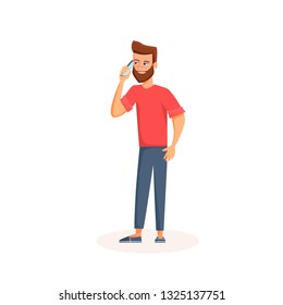 Young man talking on a phone with smiling face. Cartoon character using smartphone. Isolated on white background
