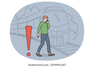 Young man talking on phone crossing tracks while train is approaching. Careless guy speak on cellphone ignore railroad safety rules and warnings. Keep back from platform edge. Vector.