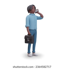 Young man is talking on phone with smile. Office worker with briefcase and smartphone. Male character with positive emotion. Pleasant communication. Vector template