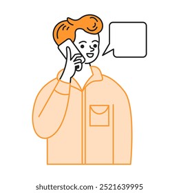 Junger Mann sprechen auf dem Telefon mit Sprechblase Farbe Linie Vektorsymbol. Happy Rotschopf Kerl genießt Gespräch Charakter Illustration auf weiß