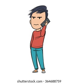 Young man talking on the phone looking very annoyed, hand in his pocket, cartoon