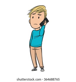 Young man talking on the phone looking worried and startled, hand in his pocket, cartoon