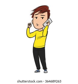 Young man talking on the phone, puckering lips and making OK sign as if giving a guarantee or approving high quality or fine solution of a problem, cartoon