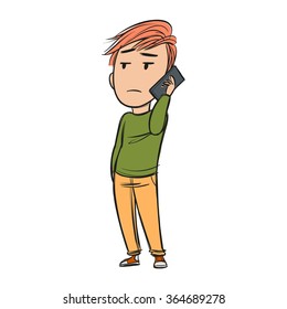 Young man talking on the phone looking bored and skeptical, not interested in what he hears, hand in his pocket, cartoon